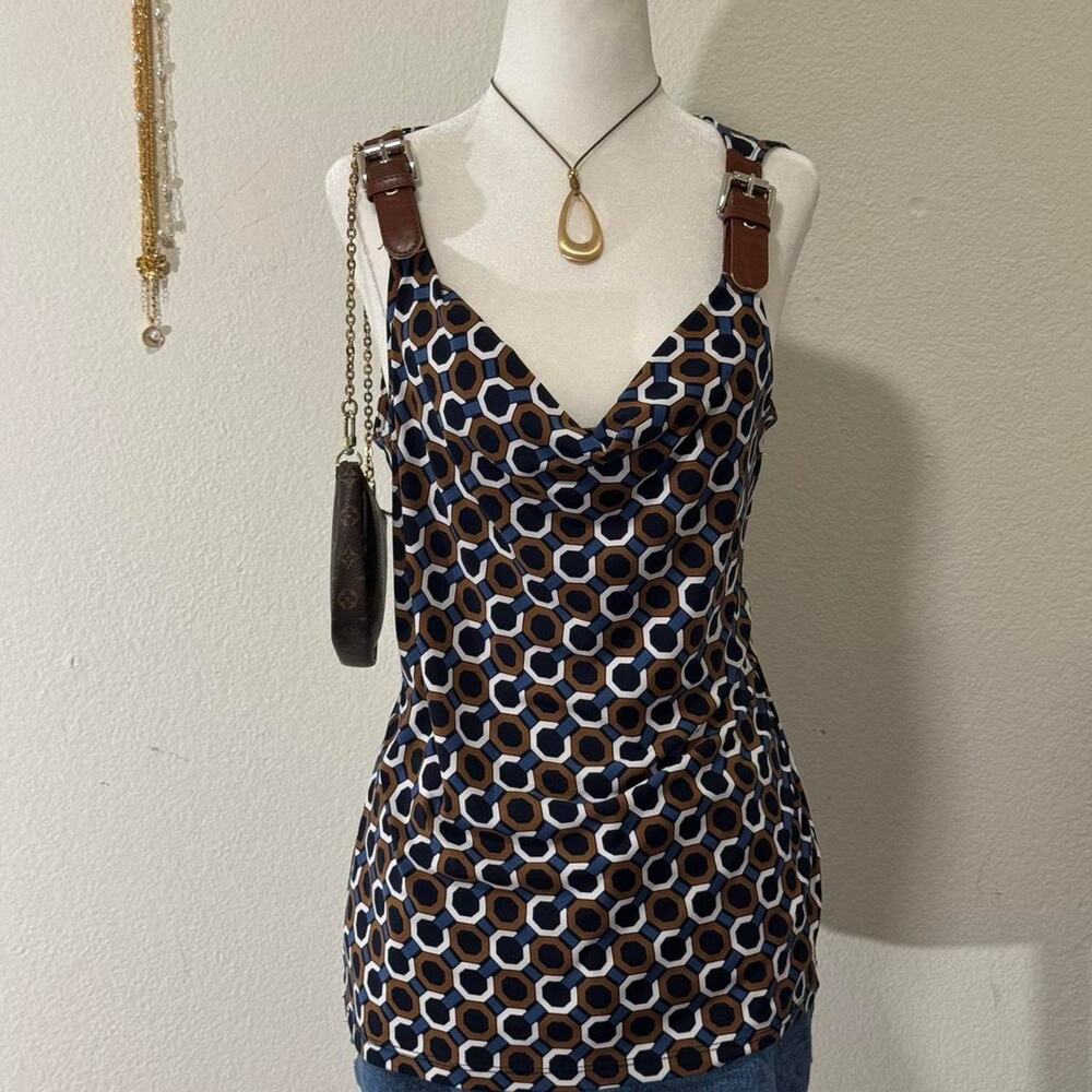 Brown and blue multicolored cowl neck blouse with metal clasp detail